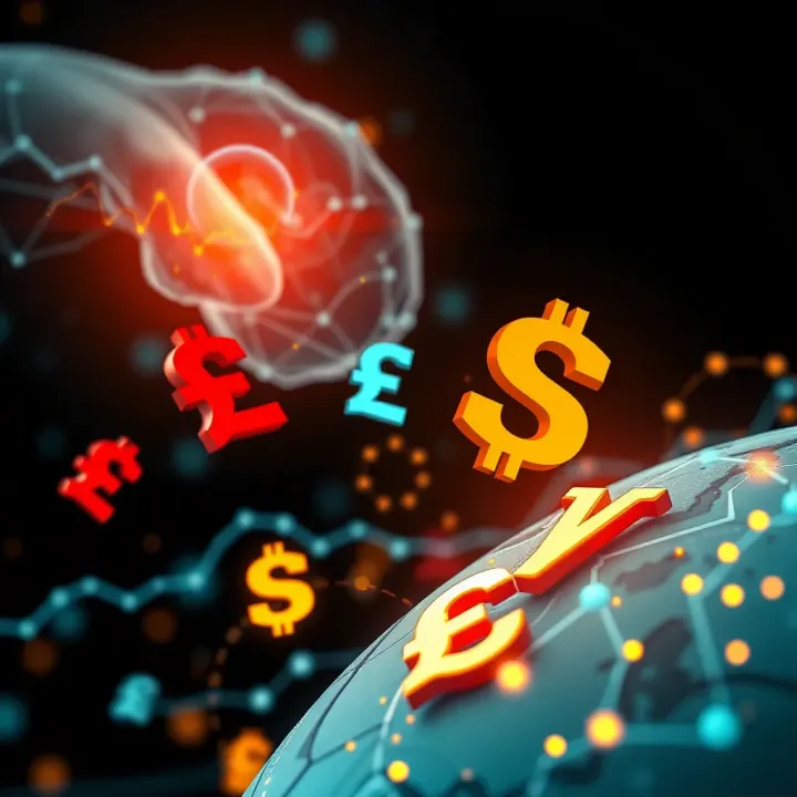 Artificial Intelligence Shaping Global Forex Dynamics Conceptual representation of artificial intelligence integrating with global currency symbols and data streams