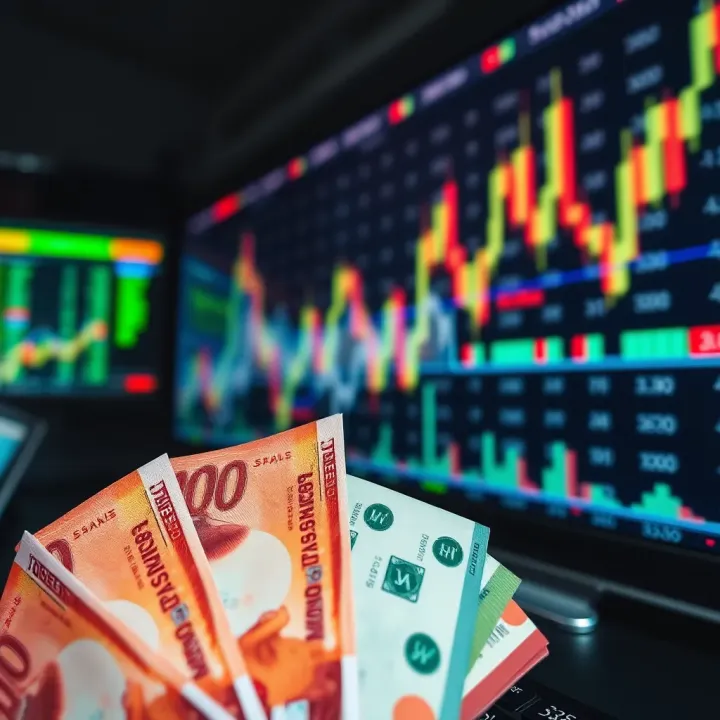 Colorful foreign currency notes and market charts symbolizing global forex trading activities