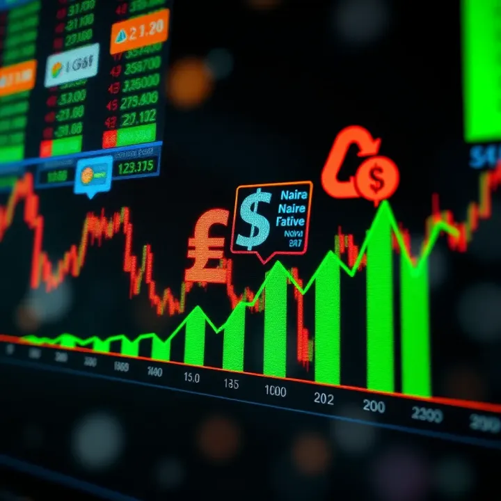 Graph showing currency exchange trends with Nigerian Naira symbol and global financial icons
