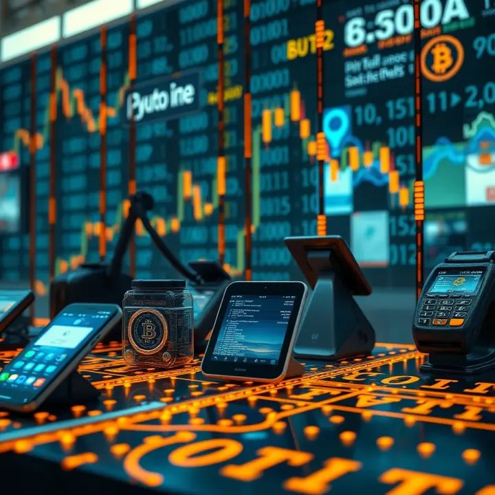 Illustration of digital devices such as mobile phones and POS terminals connected through binary signals