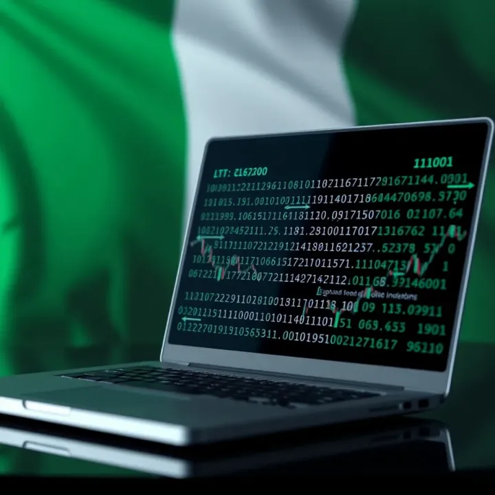A digital illustration showing a laptop screen filled with binary code overlaying a Nigerian flag background, symbolizing crypto trading culture