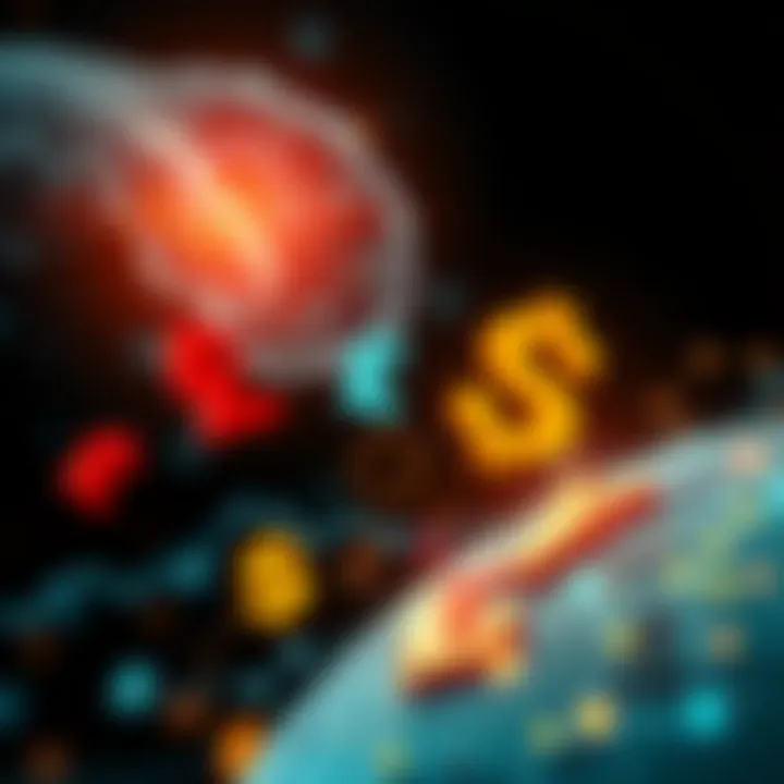 Conceptual representation of artificial intelligence integrating with global currency symbols and data streams