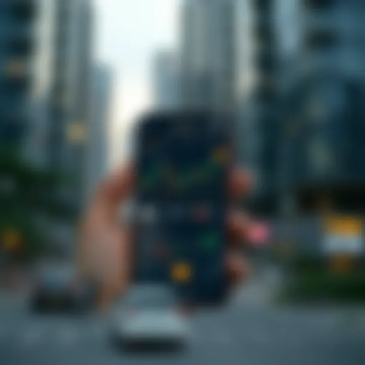 Mobile phone displaying a cryptocurrency trading app interface with charts and market data