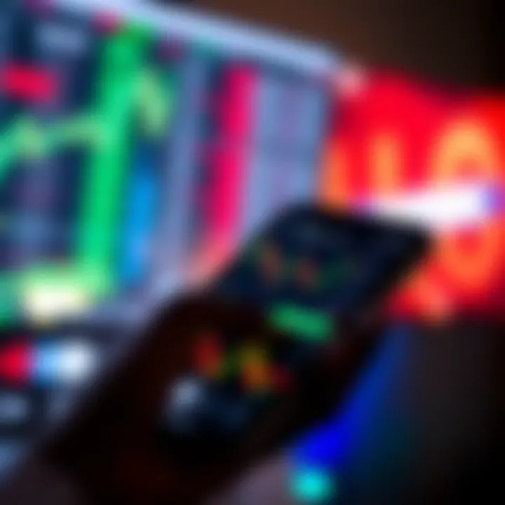 Mobile device displaying a forex trading app interface with charts and currency pairs