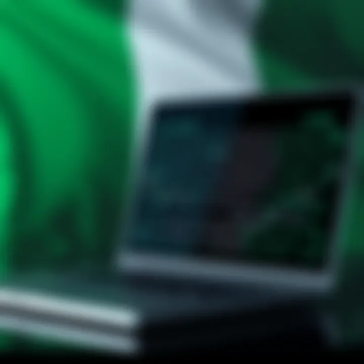 A digital illustration showing a laptop screen filled with binary code overlaying a Nigerian flag background, symbolizing crypto trading culture