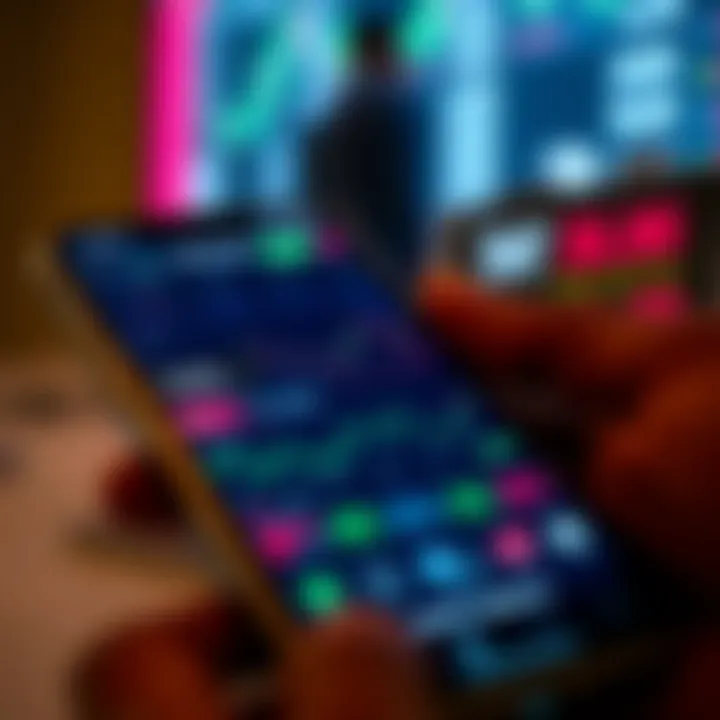 Mobile phone screen showing a cryptocurrency trading app dashboard with charts and currency prices