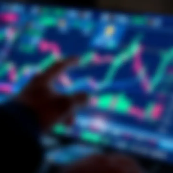 User navigating a digital trading interface with charts and currency icons