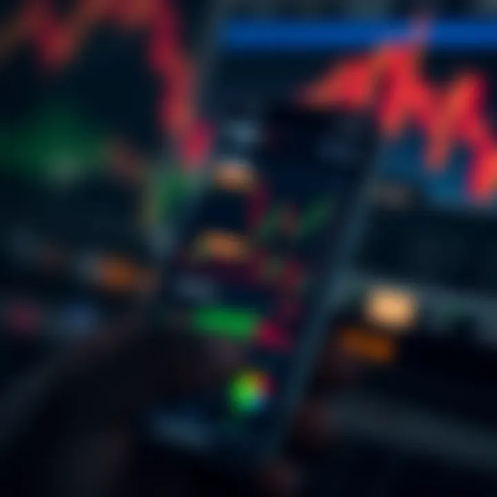 Mobile phone displaying a forex trading app interface with charts and market data