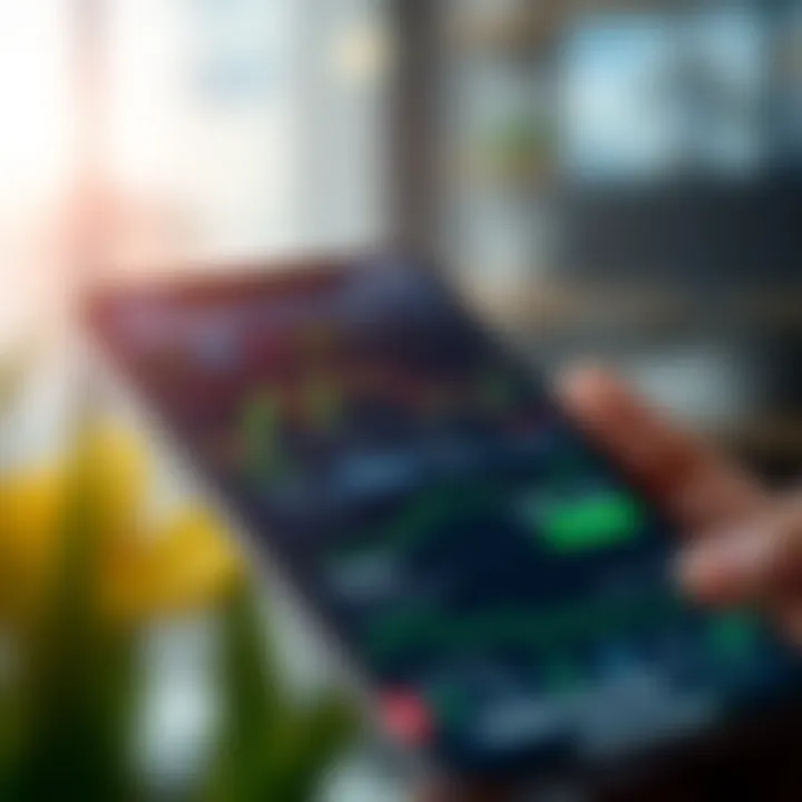 Mobile phone displaying forex trading app interface with currency charts and trading options