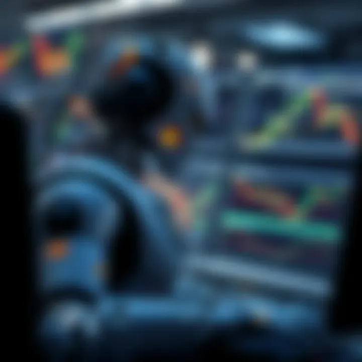 Illustration of an automated forex trading robot analyzing market data on multiple screens