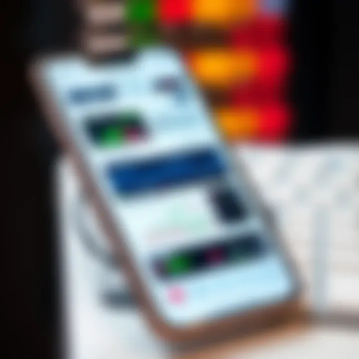 Mobile phone displaying a stock trading app dashboard with charts and market data