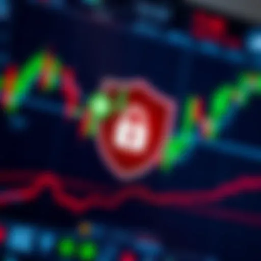 Security shield icon overlaid on a digital stock trading application screen