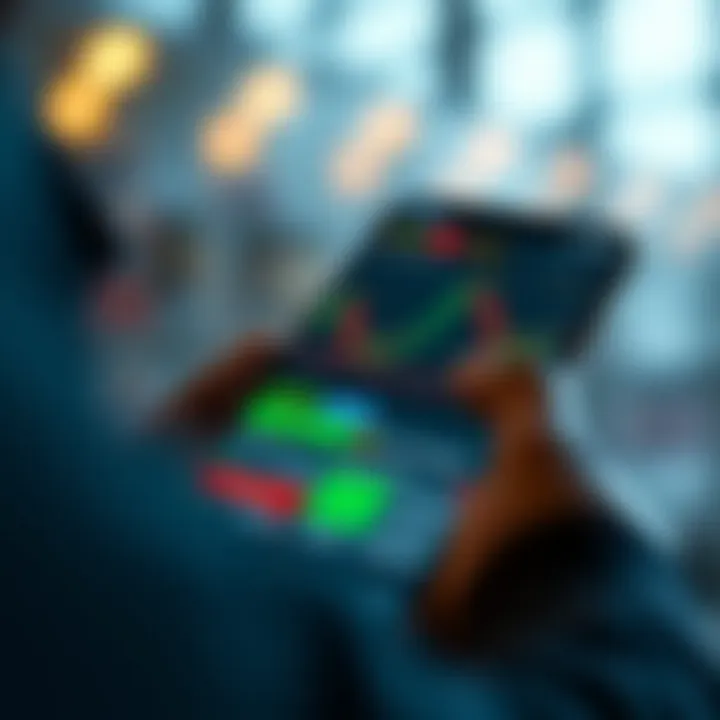 Mobile device displaying an intuitive trading application interface with charts and financial data