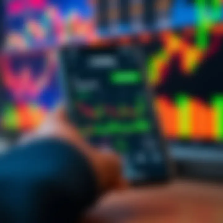 Smartphone screen displaying a trading app interface with charts and market data