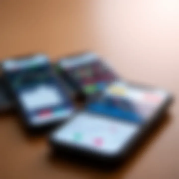 Mobile phone displaying various trading app interfaces with charts and stock market data