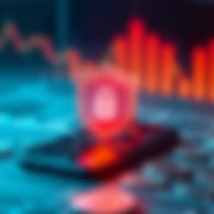 Security shield icon overlaying a smartphone with digital currency symbols