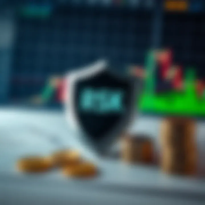 Conceptual illustration of risk management with charts, currency symbols, and protective shield