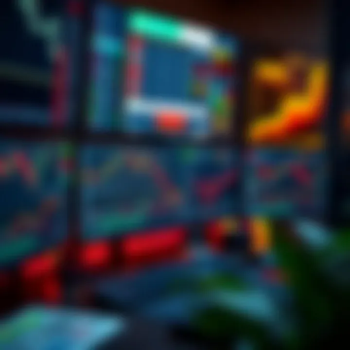 Trader's workspace showing multiple monitors with forex trading platforms and risk management tools