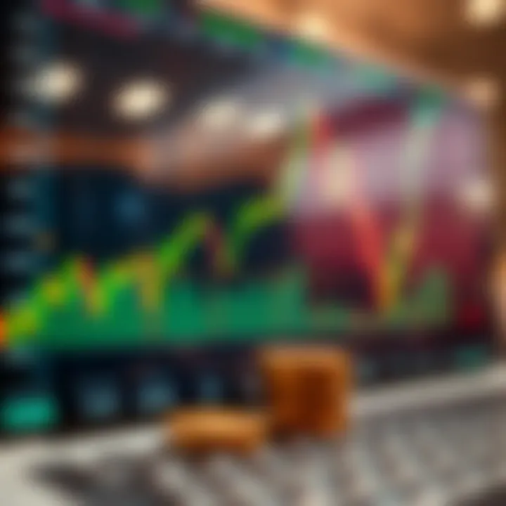 Graph showing upward and downward trends in binary options trading with financial indicators