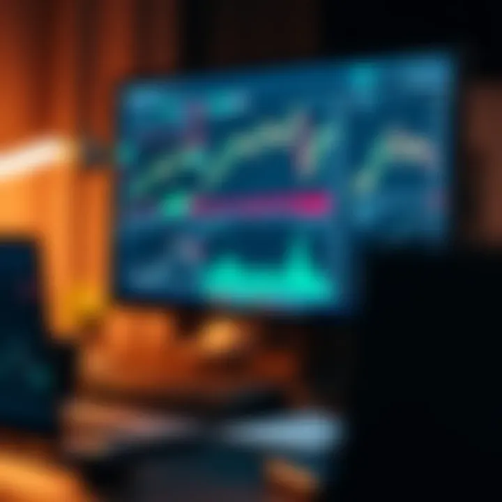Desk setup displaying financial analysis graphs and trading platform interface on a computer screen