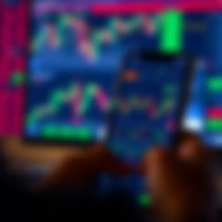 Mobile device displaying a forex trading app interface with charts and currency pairs