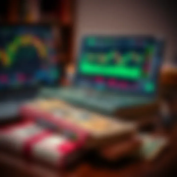 Books on forex trading with Nigerian currency notes and a laptop showing market charts