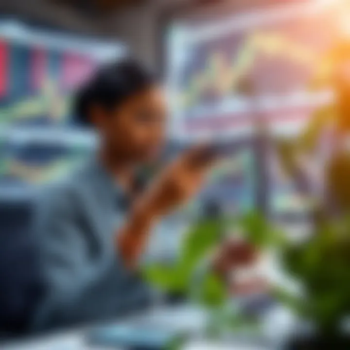 Female trader analyzing forex charts on a smartphone in a modern workspace with financial graphs in the background
