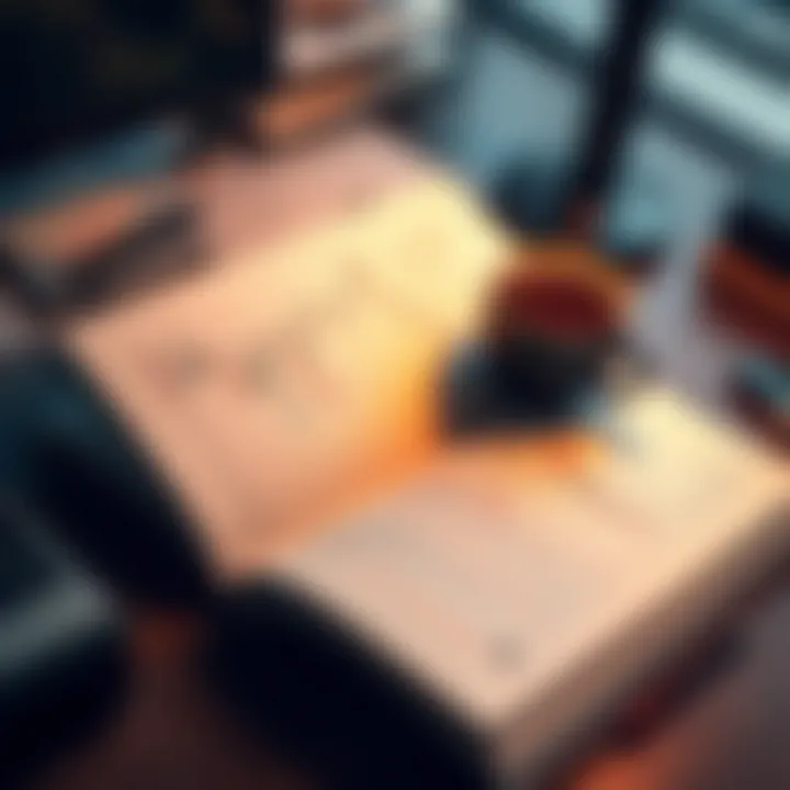 Open book with forex charts and graphs on a desk with a cup of coffee