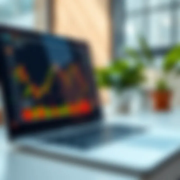 A laptop screen showing a forex trading platform interface with graphs and market data