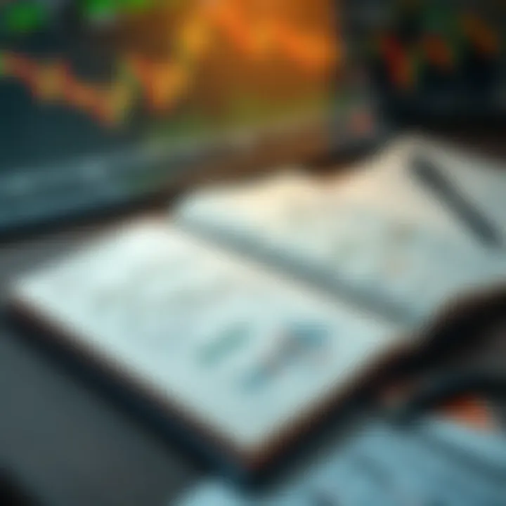 Open forex trading book with charts and graphs displayed alongside notes and a pen