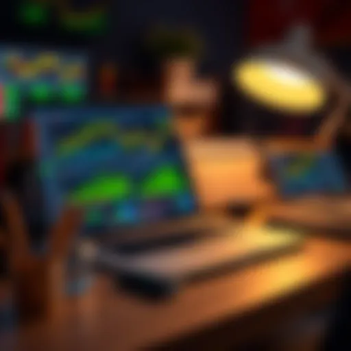 Setup of trading tools including laptop displaying currency charts and analysis software
