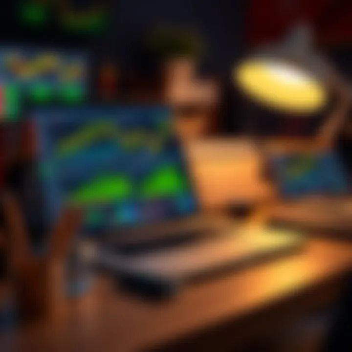 Setup of trading tools including laptop displaying currency charts and analysis software