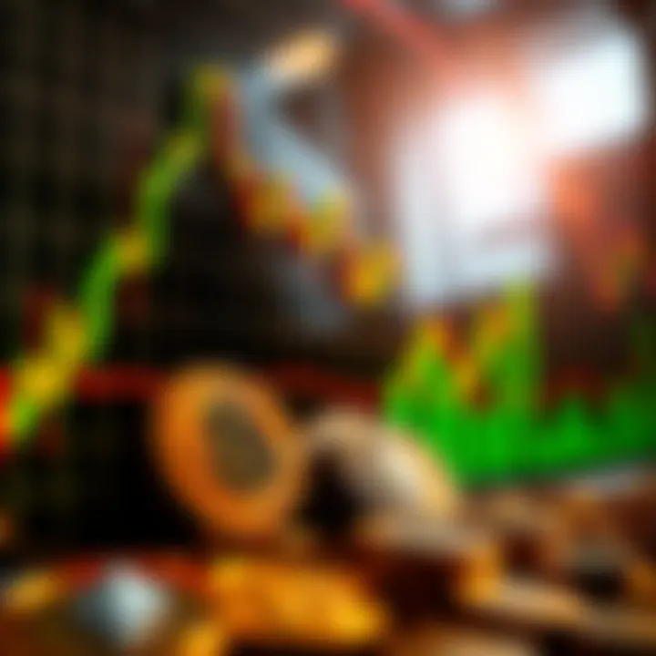 Digital illustration of a trading chart with upward trends and cryptocurrency icons such as Bitcoin and Ethereum
