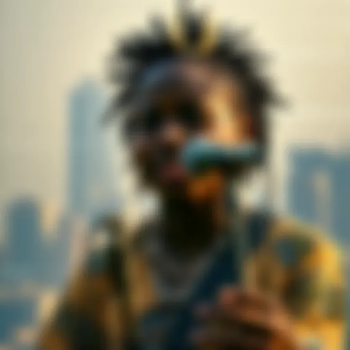 Artistic representation of a musician performing with a background of binary code and urban Nigerian skyline