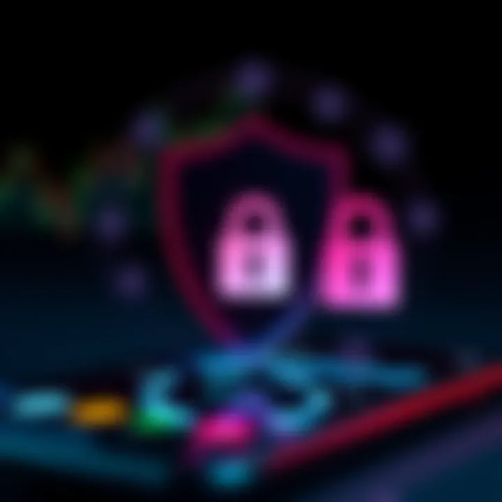 Concept of secure digital transactions with shield and lock icons over a mobile device background