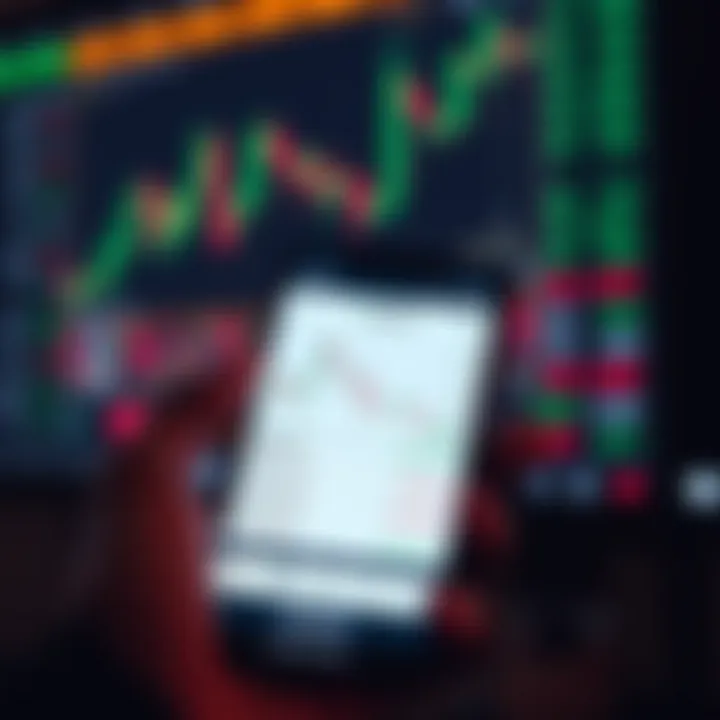 A smartphone displaying a forex trading app interface with charts and currency pairs
