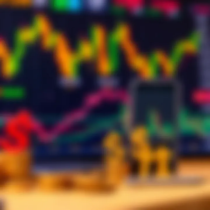 Graph showing upward trends alongside mobile phone and currency symbols representing forex market tools