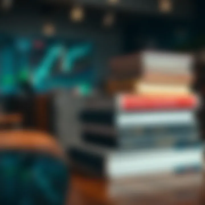 Books on forex trading strategies and market analysis stacked on a wooden table