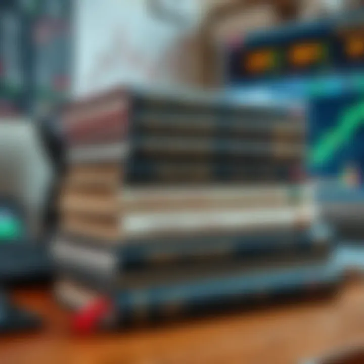 Stack of essential forex trading books with charts and currency symbols on a desk