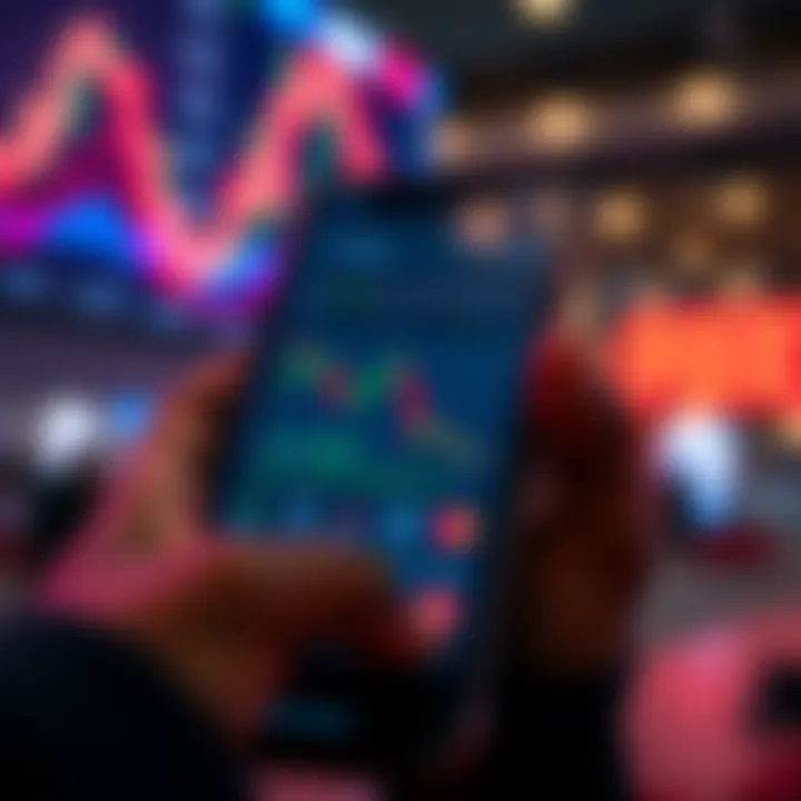 Mobile device displaying a forex trading app interface with charts and currency pair options