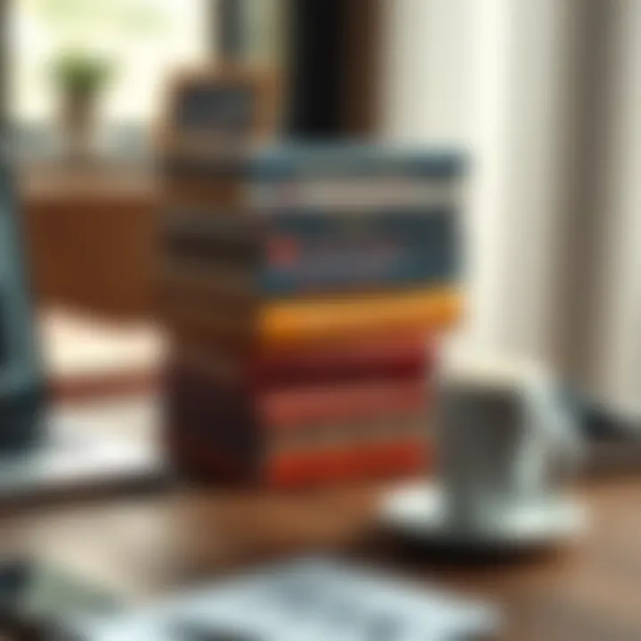 Collection of forex trading books stacked on a wooden table next to a laptop and a cup of coffee