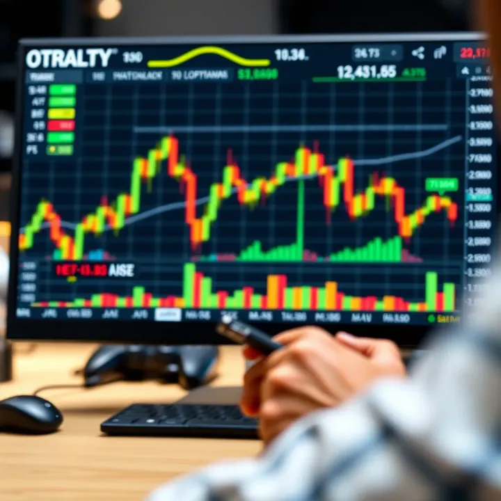 Digital interface displaying binary options trading charts and graphs