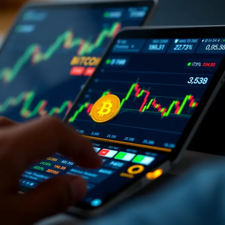 User interface of a Bitcoin trading app showing cryptocurrency prices and market trends