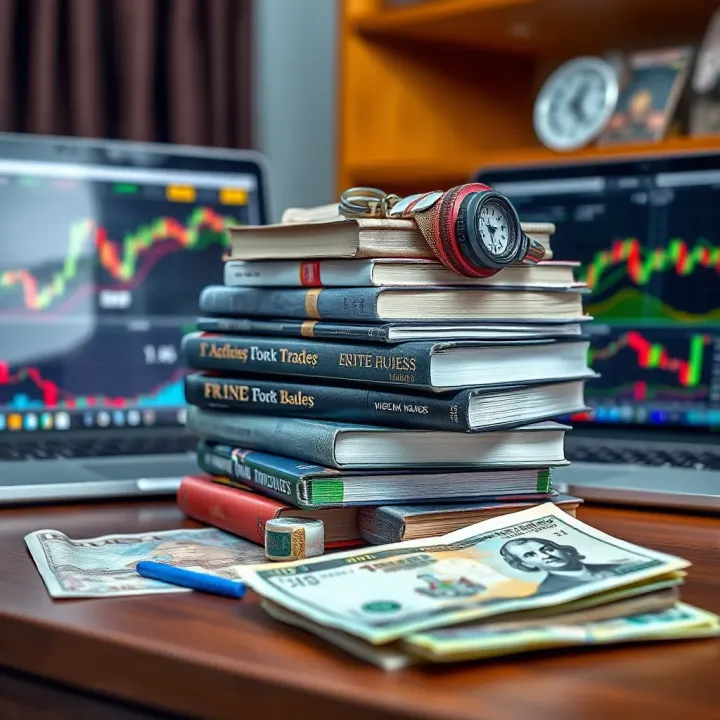 Forex Trading Guides and Market Insights for Nigerian Traders Stack of forex trading books with Nigerian currency notes and a laptop showing market analysis