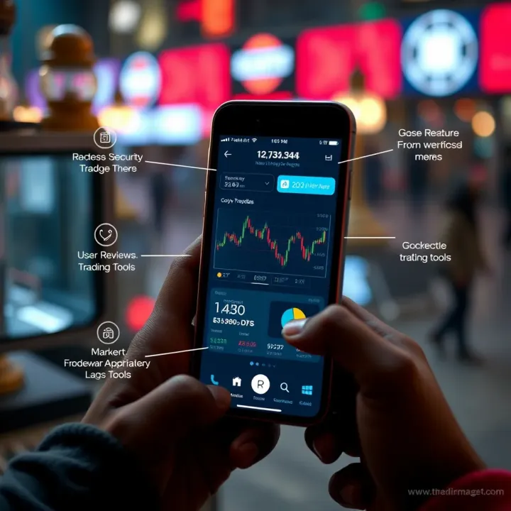 Illustration of key features to consider in a copy trading app including security, user reviews, and trading tools