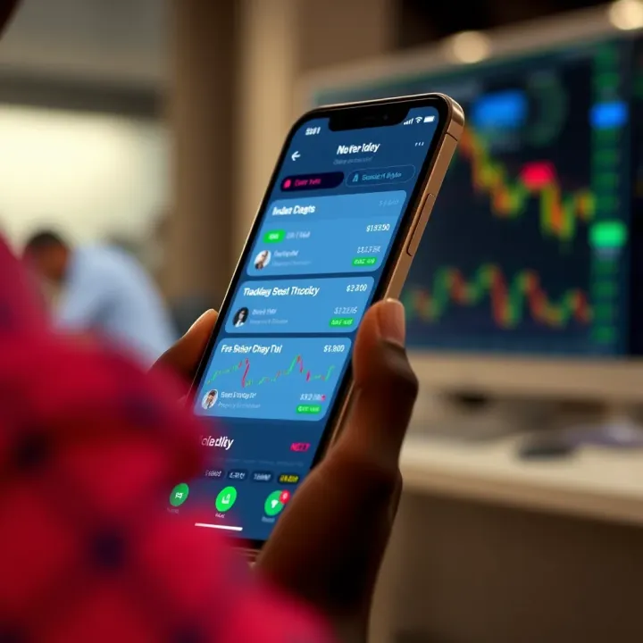 Smartphone displaying various cryptocurrency trading app interfaces with charts and transaction options