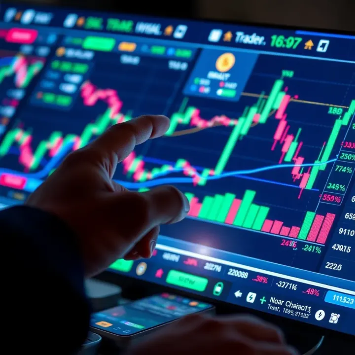 User navigating a digital trading interface with charts and currency icons