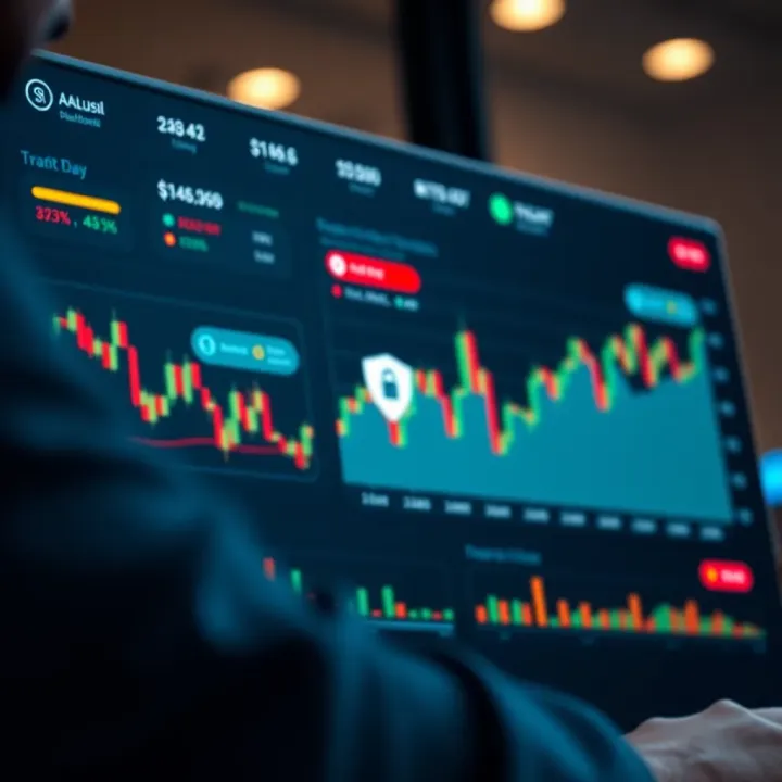 Secure online trading dashboard showing graphs and security icons to protect investments