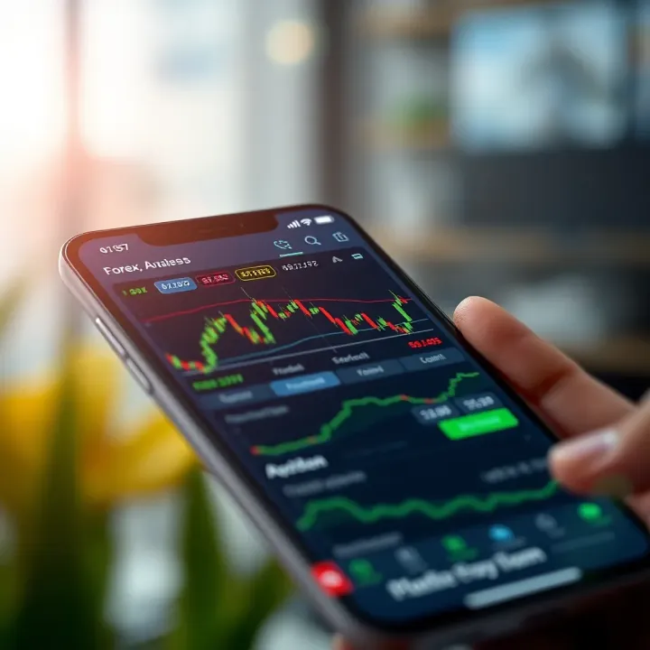 Mobile phone displaying forex trading app interface with currency charts and trading options