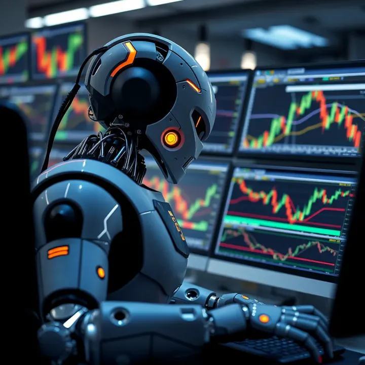 Illustration of an automated forex trading robot analyzing market data on multiple screens